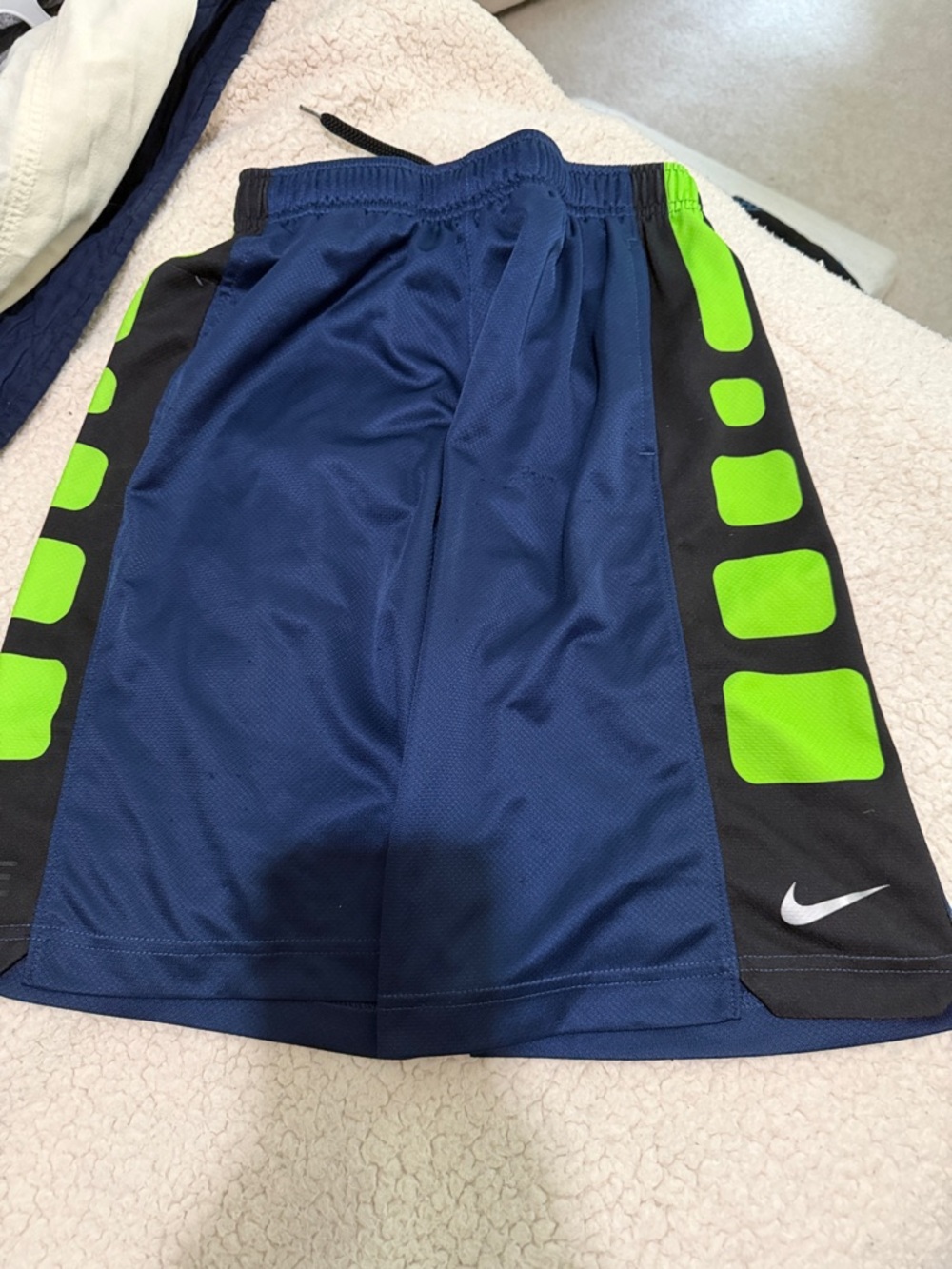 Nike Elite Navy Athletic basketball Shorts with Bright Green Side Panels